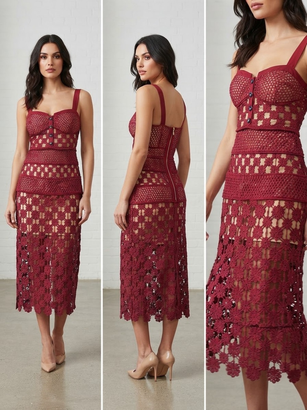 Self-Portrait Burgundy Crochet Midi Dress